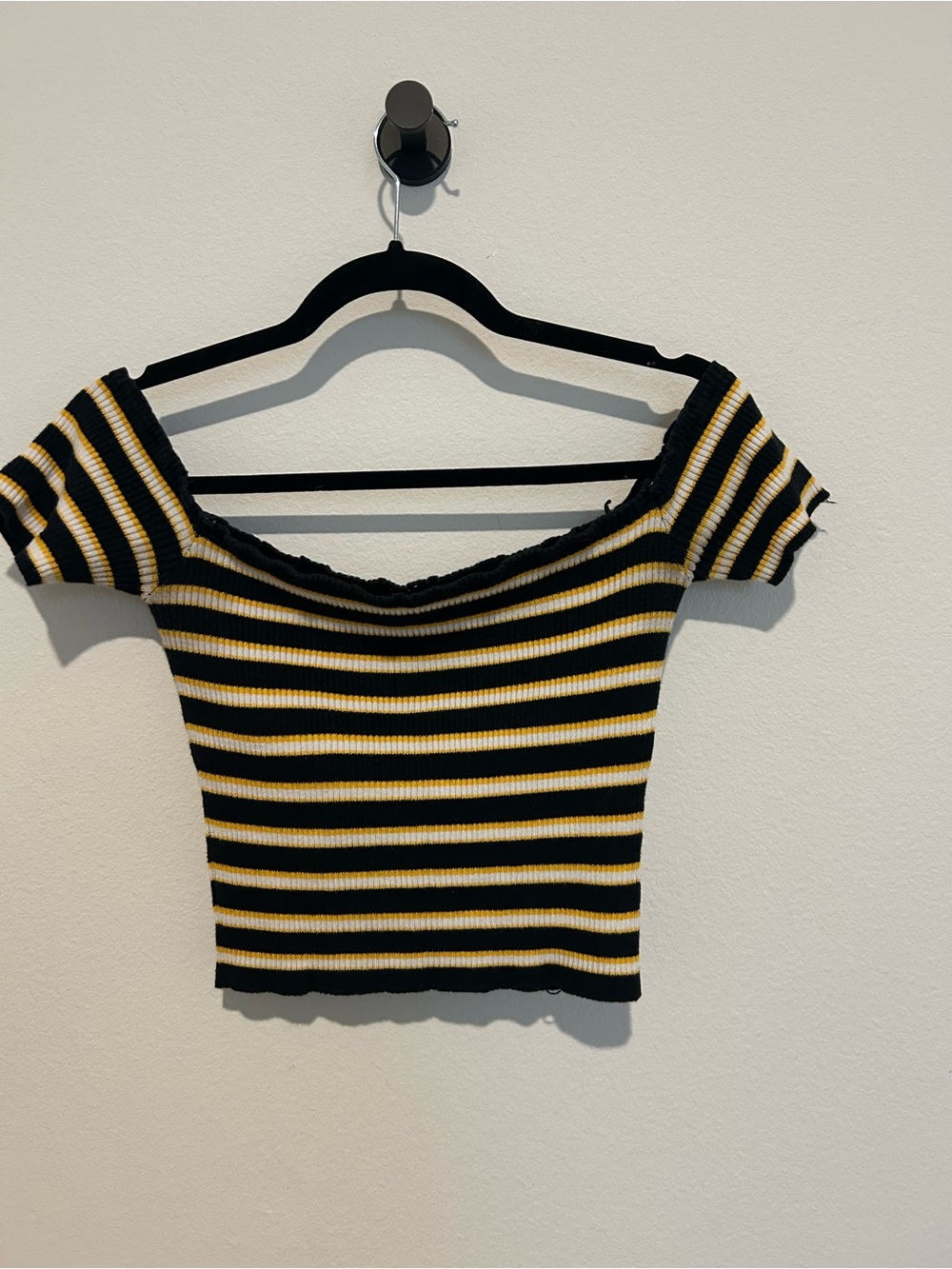 Ambiance Apparel Black, White & Yellow Striped Off-Shoulder Ribbed Crop Top